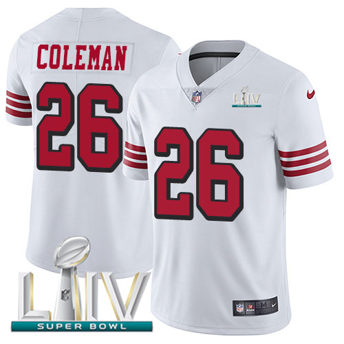 San Francisco 49ers Nike 26 Tevin Coleman White Super Bowl LIV 2020 Rush Men Stitched NFL Vapor Untouchable Limited Jersey